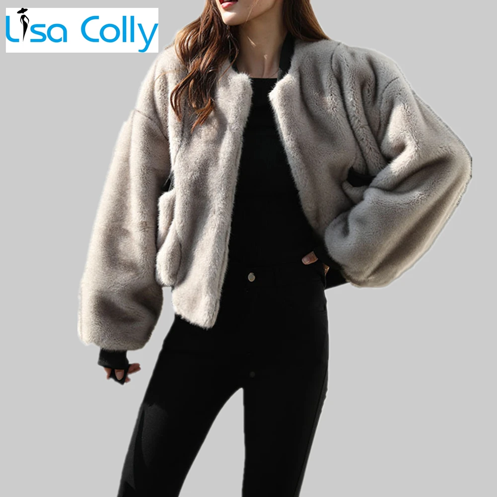 Women Fashion Winter Elegant Zipper Pockets Long Sleeve Faux Fur Coat Jacket Thick Warm Faux Mink Fur Jacket Overcoat Outwear