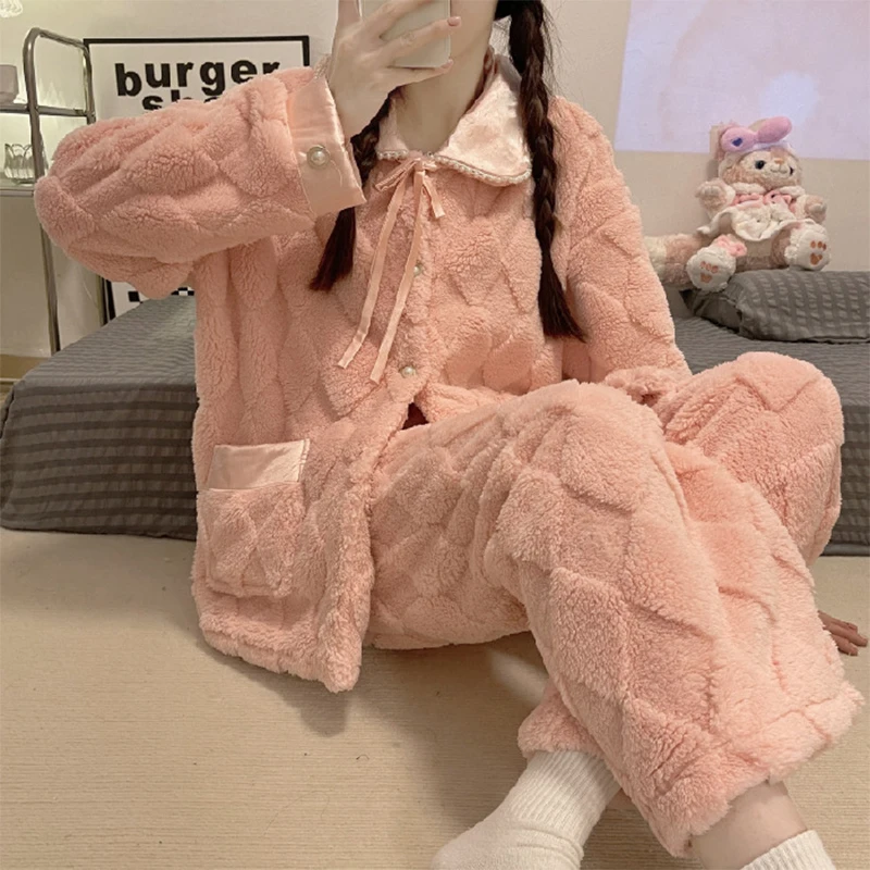 

Winter Pajama Sets Women Coral Velvet Ruffles Thermal Simple Single Breasted Fuzzy Nightwear Cute Tender Ins Stylish Sleepwear