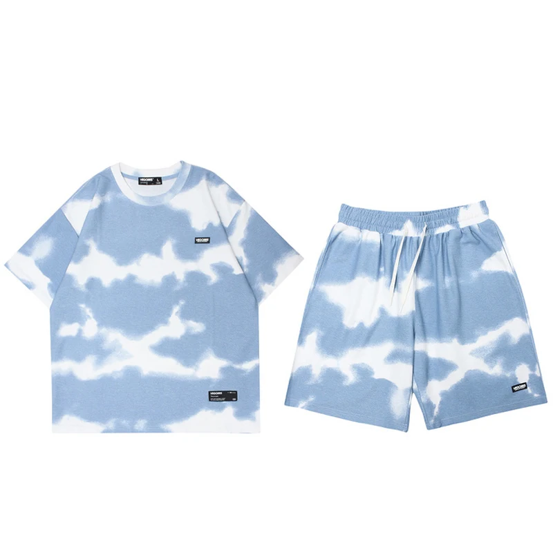 

Mens Short Sleeve Tie Dyeing T Shrits Shorts Sets Vintage Unisex Suit Tops 2022 Summer Oversize Unisex Casual Hawaiian Beach Set