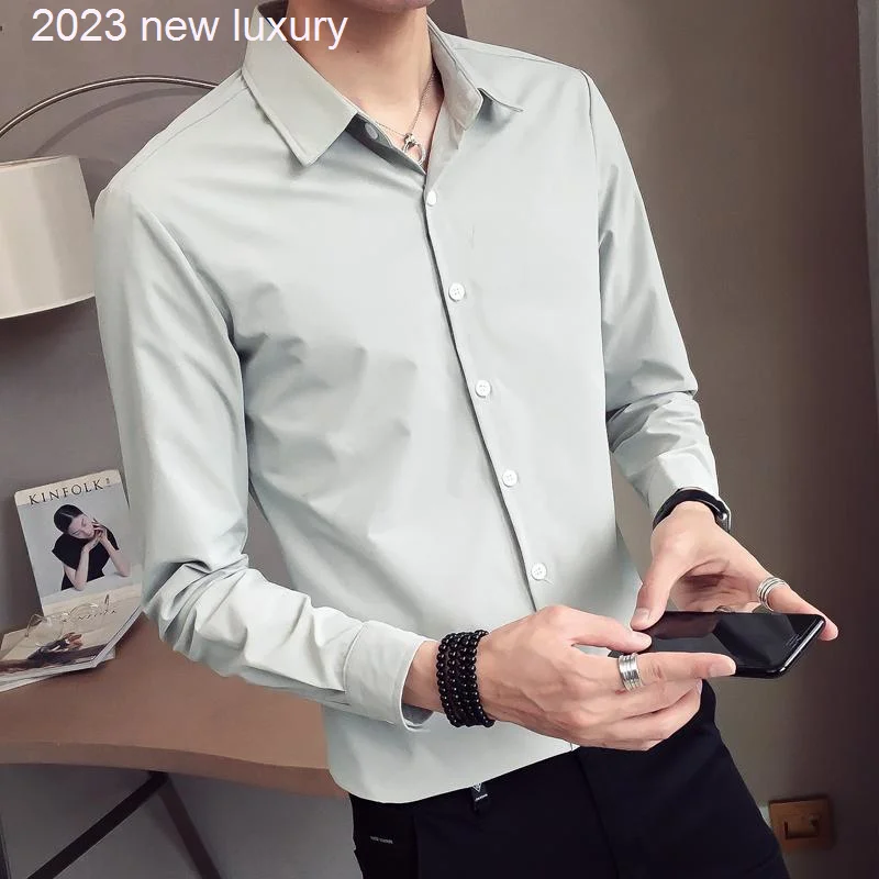 

Spring 2022 New Men Fashion Long Sleeve Solid White Shirts Slim Fit Male Social Business Casual Blouses Brand Clothing Tops W165