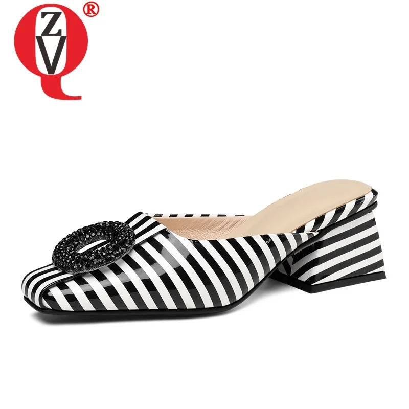 

ZVQ Square Toe Fashion Slippers Woman Crystal Decoration Thick High Heels Sexy Ladies Summer Pumps Patent Microfiber Mules