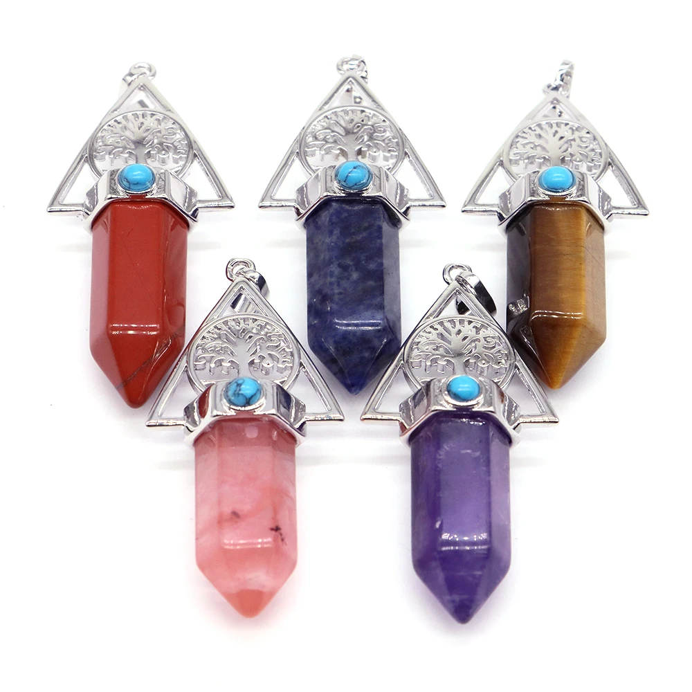 Tree of Life Natural Stone Hexagon Column Pendant Healing Crystal Beads for Jewelry Making Necklaces Pendulum Lots Wholesale