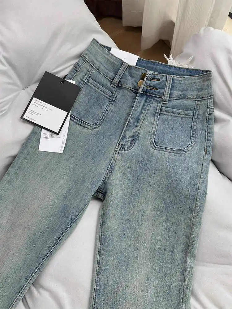 Женские синие расклешенные джинсы модные узкие брюки с высокой талией женские