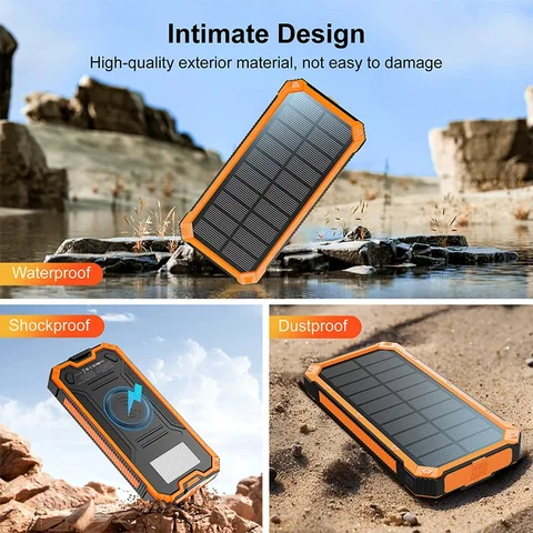 Солнечная батарея 20000 мАч Водонепроницаемое беспроводное зарядное устройство Qi Powerbank для iPhone 16 Samsung S25 Xiaomi Poverbank с походным светильником