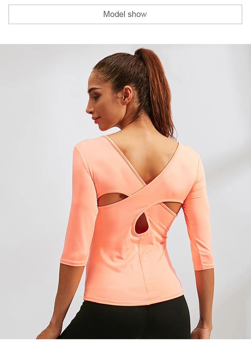 Women's Casual 3/4 Sleeve Shirts Backless T Shirts Round Neck Exercise  Workout Slim Fit Tennis Athletic Shirts Tops