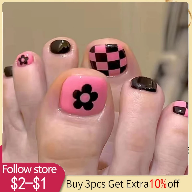 

24pcs New Summer Checkerboard Feet Nails Press On Fake Glitter Toe Nail Stickers Full Cover Toe Nail Tips False Foot Nails