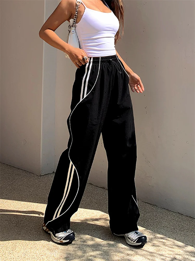 

QWEEK Y2K Egirl Black Joggers Sweatpants Women 90s Vintage Streetwear Wide Leg Track Pants Oversized Hip Hop Jogging Trousers