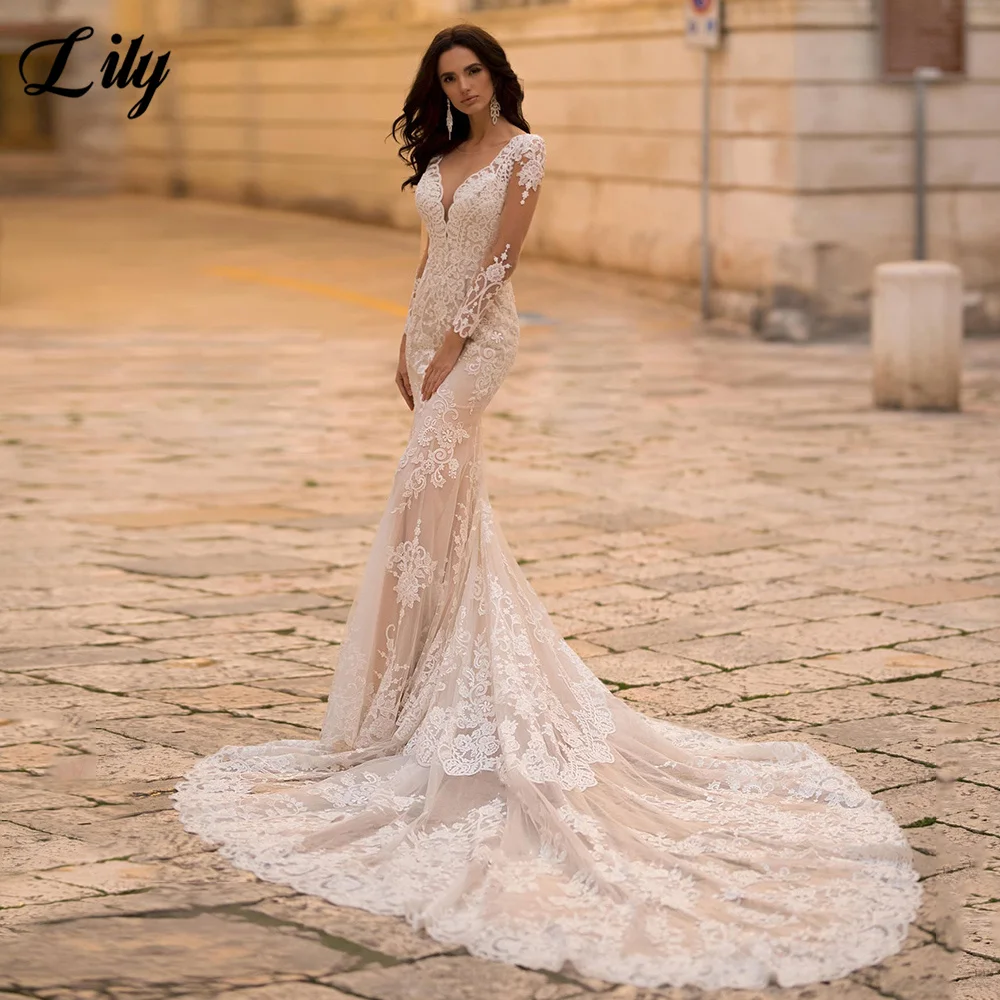 

Gorgeous Lace Long Sleeve Mermaid Wedding Dresses 2023 Tulle Bridal Gown For Women Cathedral Train V-Neck Appliques Button Back