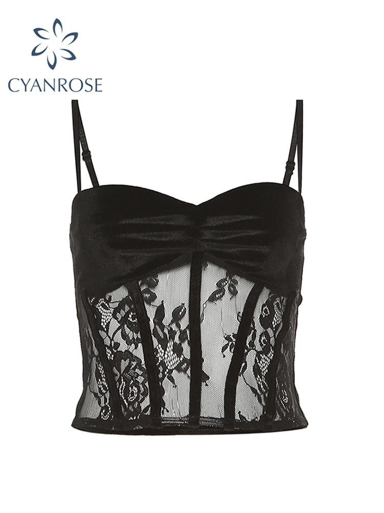 

Женская кружевная майка, Черный Кружевной укороченный топ, винтажная модная майка Y2k, женский сексуальный прозрачный Летний жилет без рукавов с открытыми плечами