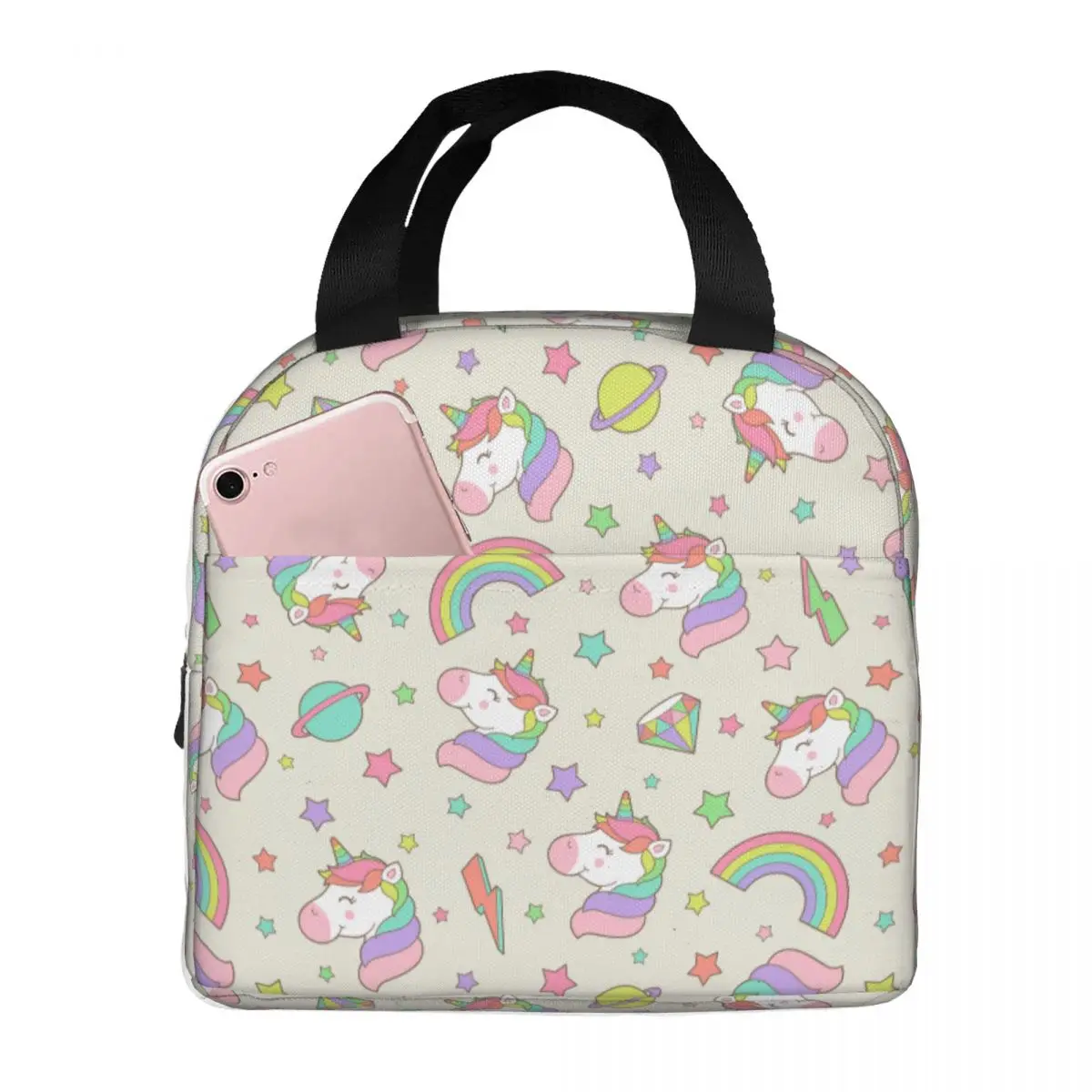 Unicorn Stars Lunch Bags Portable Insulated Polyester Cooler Bags Thermal Picnic Lunch Box for Women Kids