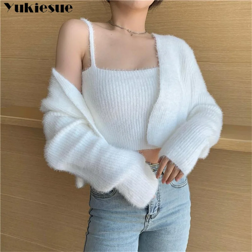 

2022 Chic Y2k Women Mohair Two Piece Set Korean Spring Autumn Crop Tank Strap Vest + Thin Long Sleeve Knitted Cardigan Pull