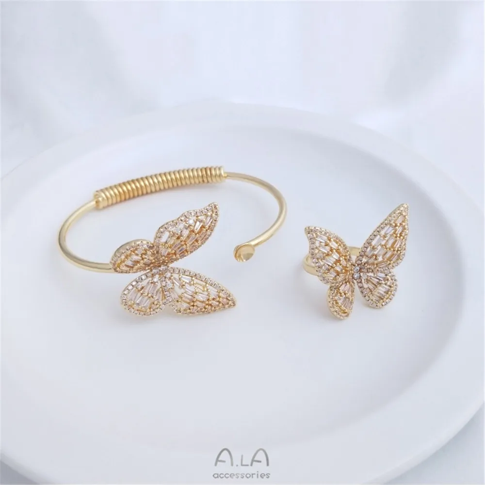 

14K gold retaining color micro-inlaid zircon butterfly ring pearl bracelet light luxury high-end DIY fashion jewelry