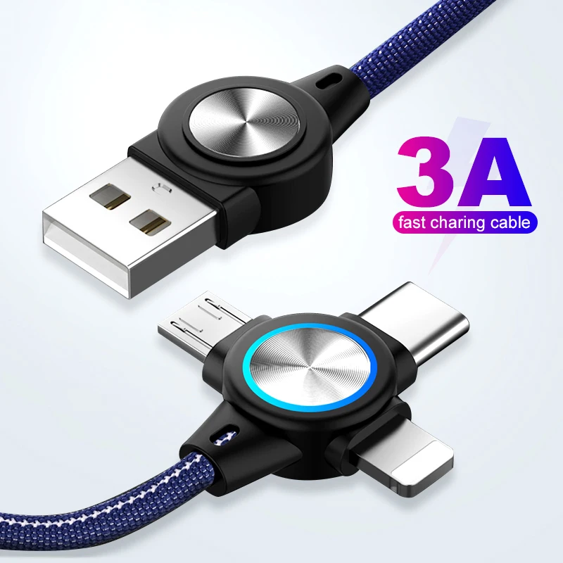 

3 In 1 USB Cable For Mobile Phone Micro USB Type C 8 Pin Charger Cable For iPhone 13 12 XS Charging Kable Micro USB Charger Cord
