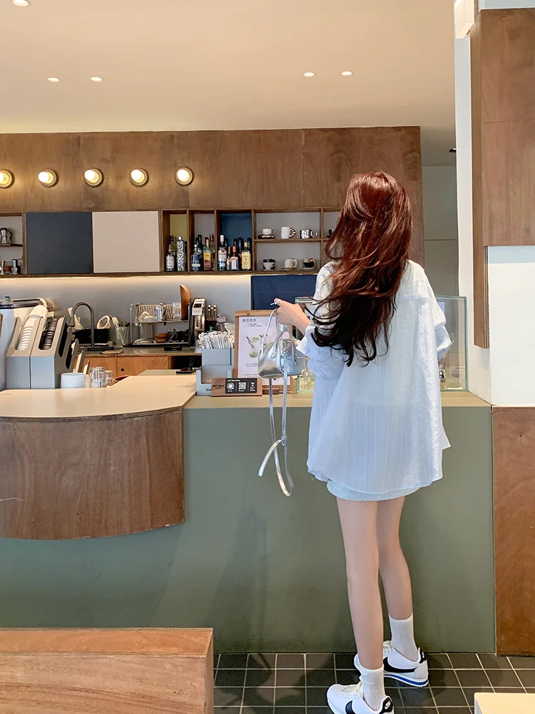 Летний топ Zeng Xiaoxian с блестящей водой в Корейском стиле тонкий синий длинным