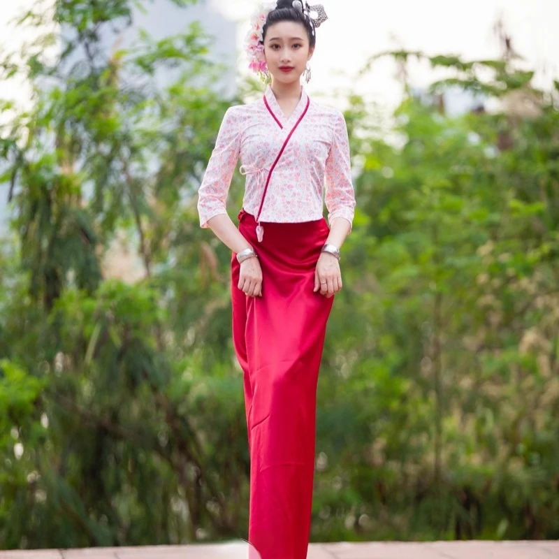 Spring Summer Women's Thailand Traditional Clothing Tops Blouse Long Skirt Daily Wear Southeast Asian National Thai Costume