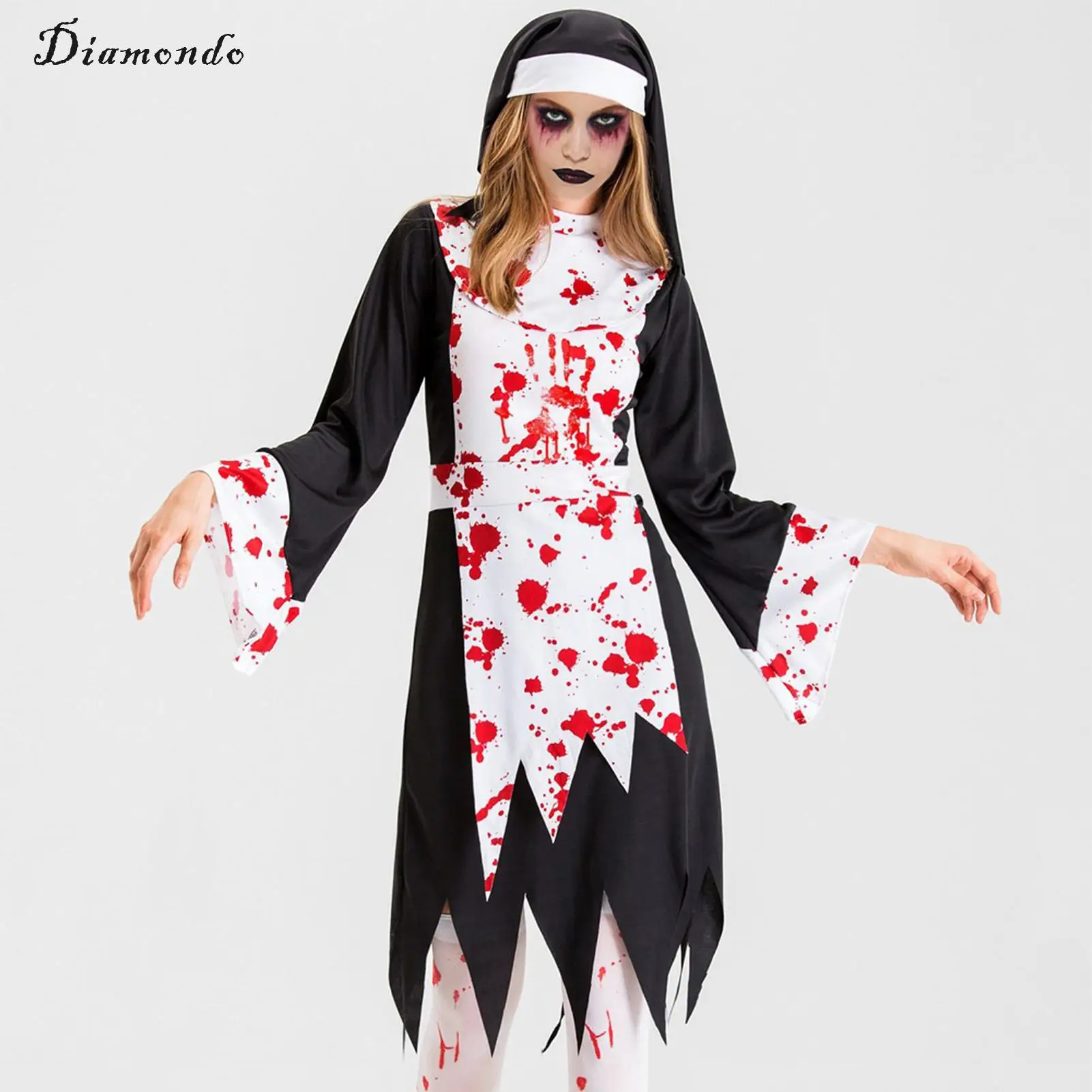 

Женский костюм в стиле ужасов, облегающее кровавое окрашенное искусственное платье с застежкой-молнией, платье для Хэллоуина и маскарада