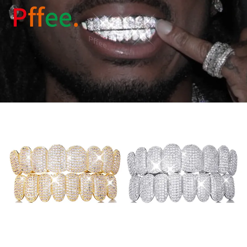 

Pffee Hip Hop Diamond Teeth Grillz Zircon Iced Out 8pcs Caps Top Bottom Silver Gold Tooth Rapper Jewelry Grills Dental Men Women