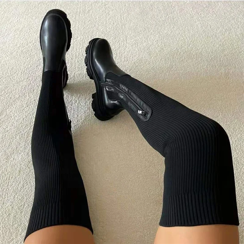 Winter Thick Sole Boots Women New 2023 Breathable Knitting Sock Boots for Women Thigh High Boots Ladies Stretch Shoes Booties