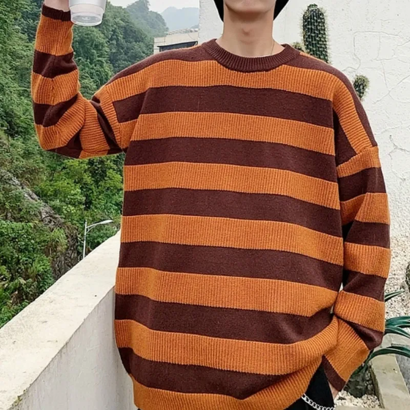 2022 Men Winter Fall Long Sleeve Striped Sweaters Korean Autumn Casual Knitted Warmth Pullovers Male Loose Sweater Streetwear