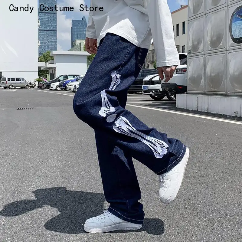 Male Vintage Blue Denim Pants Jeans Men Skeleton Baggy Casual Jean Pants Mens Japan Style Streetwear Wide Leg Denim Trousers