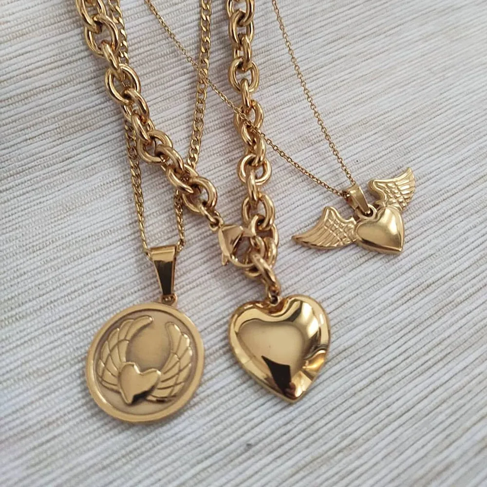 

10pcs/lot Angel Wings Necklace Heart Choker Silver 316L Stainless Steel Gold Filled Necklaces For Women Party Jewelry BFF Gift