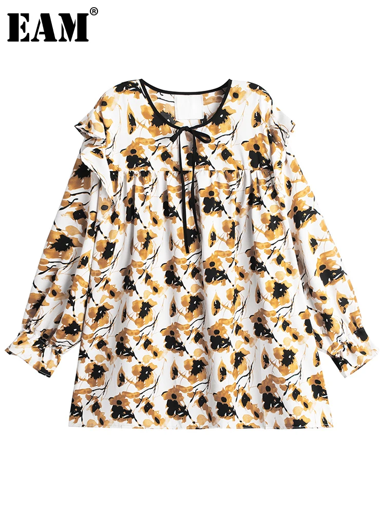 

[EAM] Women Green Pattern Printed Big Size Casual T-shirt New Round Neck Long Sleeve Fashion Tide Spring Autumn 2022 1DE6287