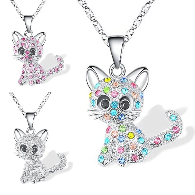 

Luxury Rainbow Crystal Pussycat Necklace for Women Girl Zinc Alloy Cute Animal Pendant Trendy Jewelry Accessories Gifts