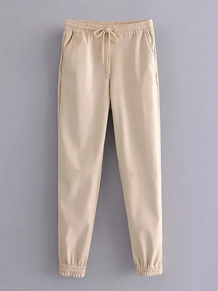 

Aachoae Lady Full Length Pu Leather Pants Drawstring Sports Style Long Sweatpants Women Baggy Casual Pencil Pants Pantalon Mujer