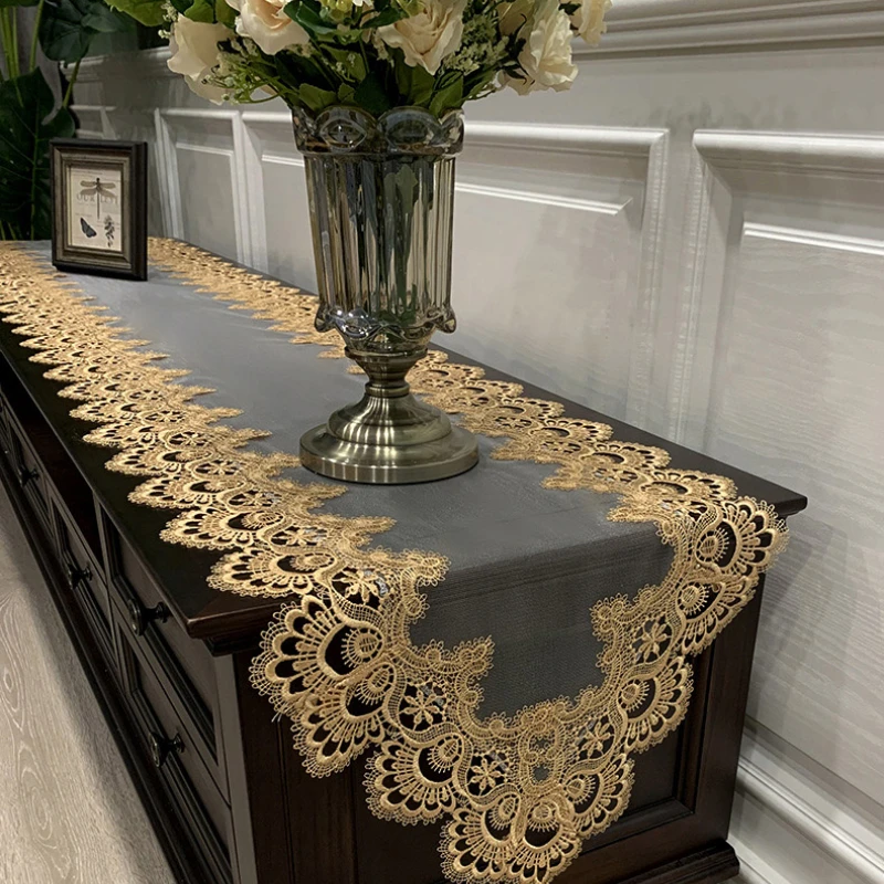 Lace Table Runner Decoration for Home Embroidered TV Cabinet Tablecloth Lace Pendant Tassel Dresser Table Flag Dust Cover