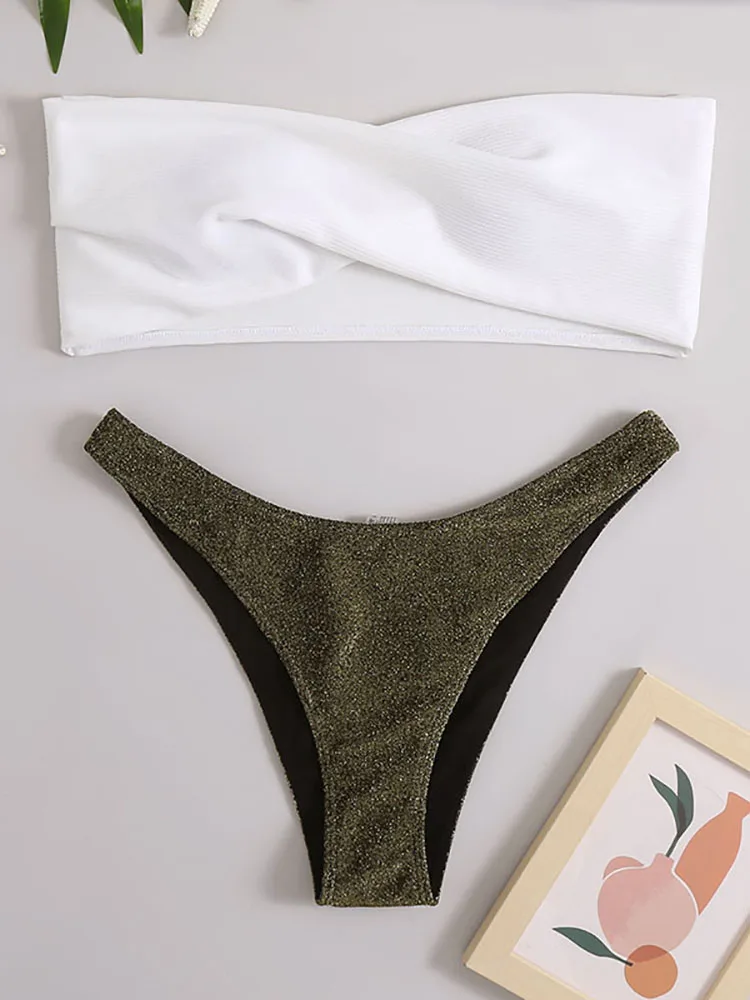 

Плиссированное бикини-бандо из двух частей, 2022, женский белый летний женский винтажный купальник, пляжный купальник, женский купальный костюм