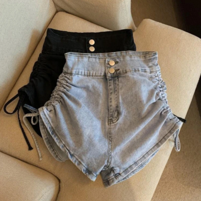 

Denim Shorts Women Retro Streetwear Trendy Femme Popular Shirring Comfortable Leisure All-Match New High Waist Design Chic
