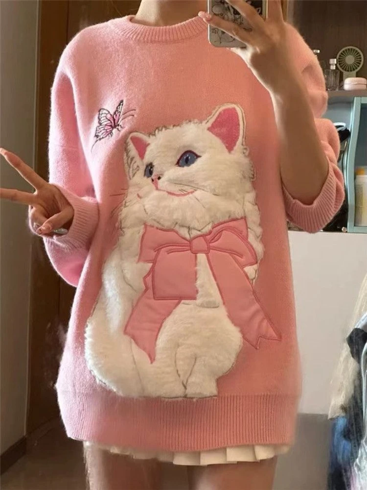 Японские милые дизайнерские женские свитера Kawaii с котом модные Универсальные