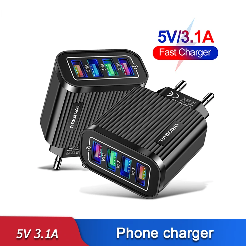 

5V 3.1A USB Wall Charger 4 Port Fast Charge LED Lighting Mobile Phone Adapter for Iphone 11 12 13 Pro Max Samsung Xiaomi Apple