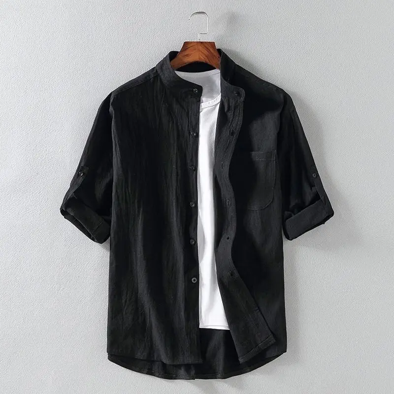 Cotton Linen Hot Sale Men's Short-Sleeved Shirts Summer Solid Color White Stand-Up Collar Casual Beach Style  5xl E75