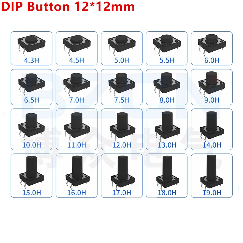 20 шт. панель PCB ВКЛ./ВЫКЛ., мгновенный тактильный мини-переключатель, кнопка постоянного тока 12 В, 4 контакта DIP 12x12 H = 5/6/7/8/9/10/12/13/15/16 мм