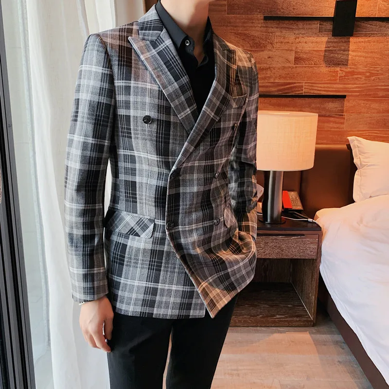 

Men Plaid Blazers Double Breasted Suits Jackets Men Slim Fit Dress Jackets Business Casual Coats High Quality Male Blazers 4XL