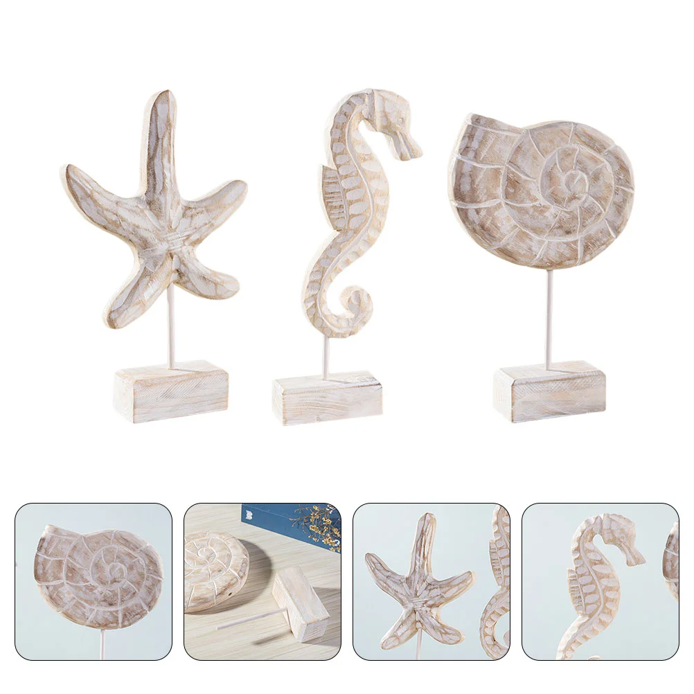 

1 Set/3pcs Wooden Seahorse Decor Star Decor Conch Decor Tabletop Ornament