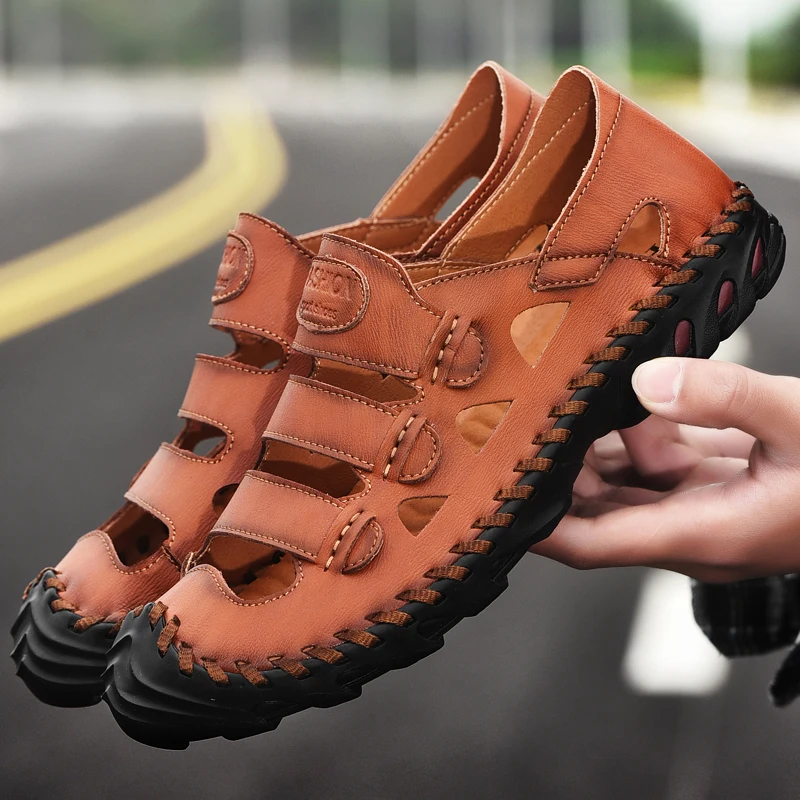 Summer New Leather Sandals Soft Men's Creek Shoe Fashion Rome Outdoor Beach Shoes Big Size 38-48 Hollow Handmade Casual Sandales