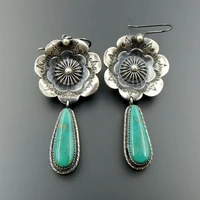 new bohemia carving flower earrings vintage metal silver color inlaid green stone drop dangle earrings for women jewelry 2022
