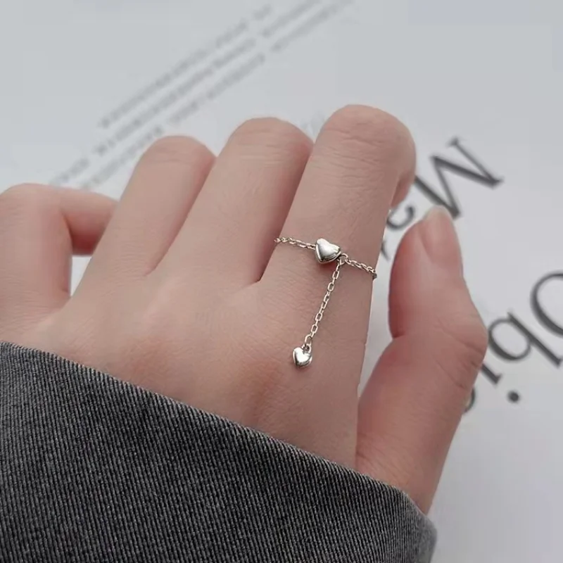 Fashion Simple Heart Adjustable Silver Chain Pendant Ring Women's Romantic Round Geometric Ring Female Girl Finger Jewelry
