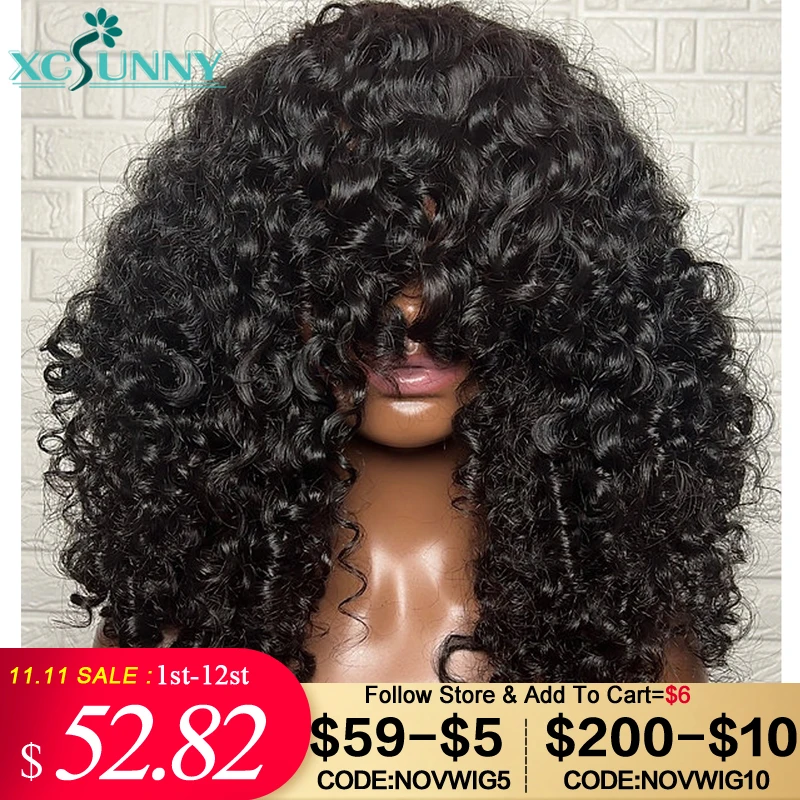 

Curly Wig Bangs Human Hair Loose Curly Wig With Bangs Scalp Top Wig Machine Made Brazilian Remy Curly Human Wig Xcsunny