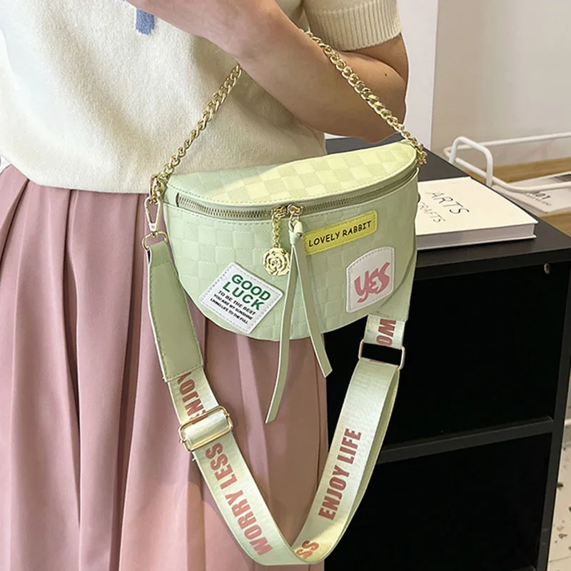 Fashion Chest Bag Wide Shoulder Strap Single Shoulder Messenger Bag Textured Chain Handbag Personality Applique Portable Satchel