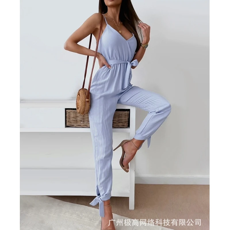 Women Jumpsuits Summer Solid Color Slim Fit Lace-up High Waist Jumpsuits Women V-neck Spaghetti Strap Backless Pencil Jumpsuits