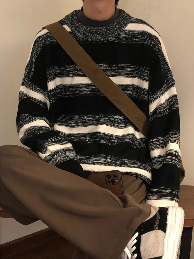 HOUZHOU Vintage Striped Men's Knitted Sweater Pullovers Black Distressed Sweaters Male Oversize Japanese Streetwear Hip Hop