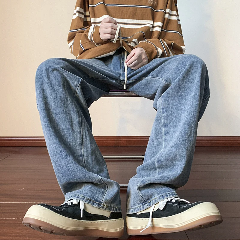 Blue/Black Baggy Jeans Men Fashion Casual Drawstring Jeans Men Streetwear Hip Hop Loose Straight Denim Pants Mens Trousers S-2XL