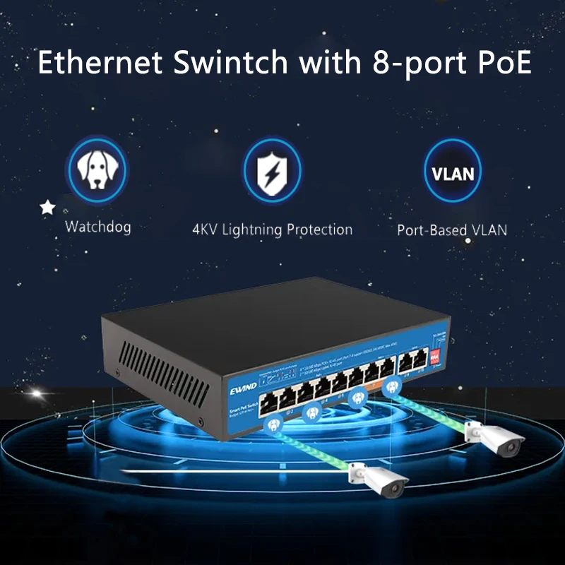 8 Port POE Switch 100Mbps 2 Uplink Network Switcher 120W Hub Internet Splitter Plug and Play For IP Camera, AI Smart 48V Switch