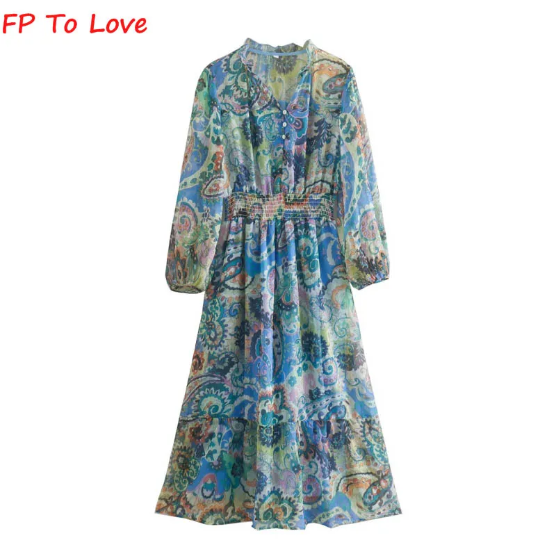 

Шифоновое платье-миди с цветочным принтом, V-образным вырезом и длинными рукавами-фонариками