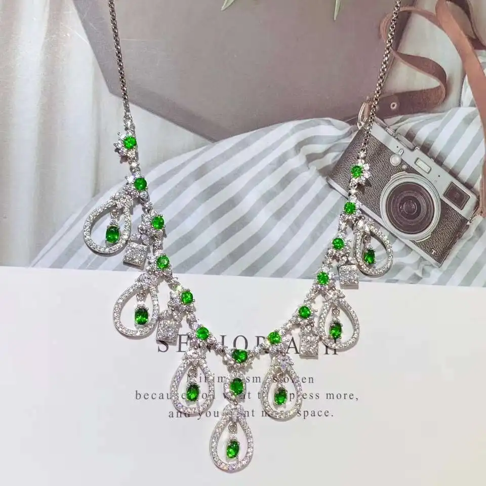 

Luxurious water drop tassels stars natural green diopside Necklace Natural gem Pendant Necklace 925 Silver woman gift jewelry