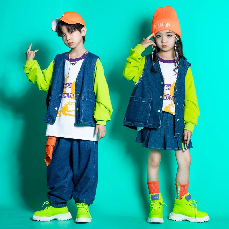 For 8 10 12 14 16 Yrs  Kids Summer Loose Jeans Vest Pants Jazz Dancing Suit Children Hip-hop Clothes Boys Girls Costumes Outfits