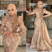 2022 muslim evening dresses with detachable train lace applique mermaid celebrity dress sequins party wear vestido de novia